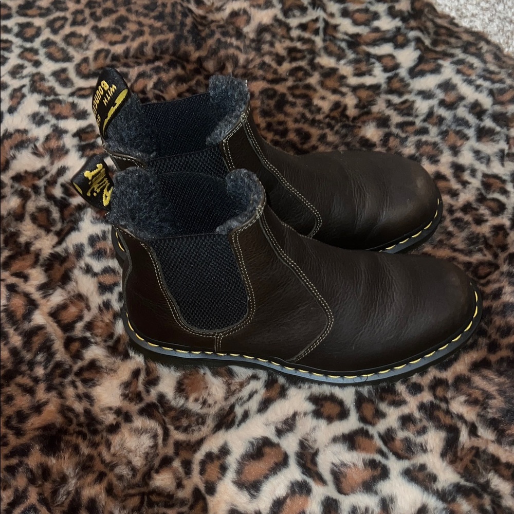Dr. Martens Dark Brown Leather Boots with Yellow Accents